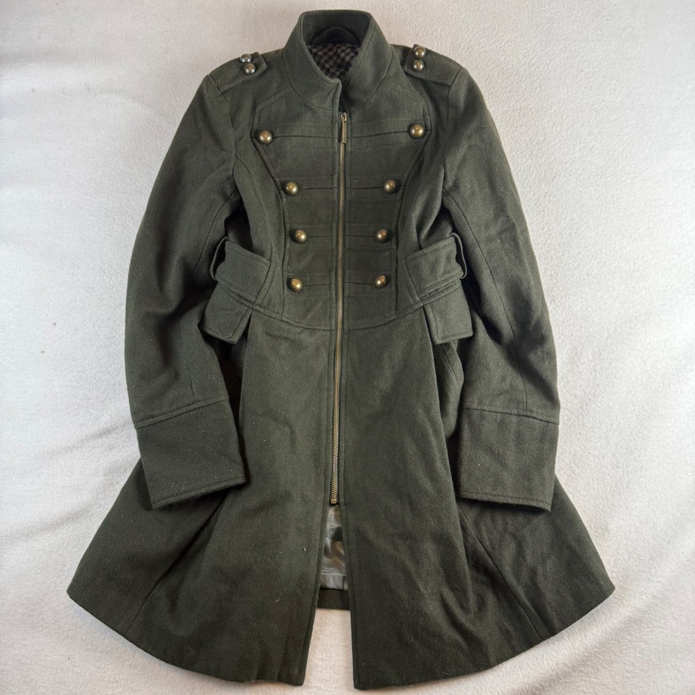 Steve Madden Womens Military Wool Blend Coat Olive Green Size Small Zipper Front